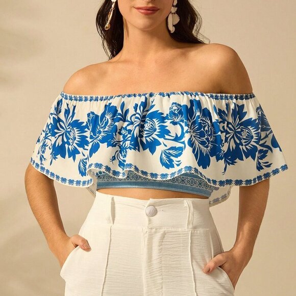 Multicolor Boho Women's Summer Flower Printed Flounce Off-Shoulder Crop Top - Picture 1 of 7